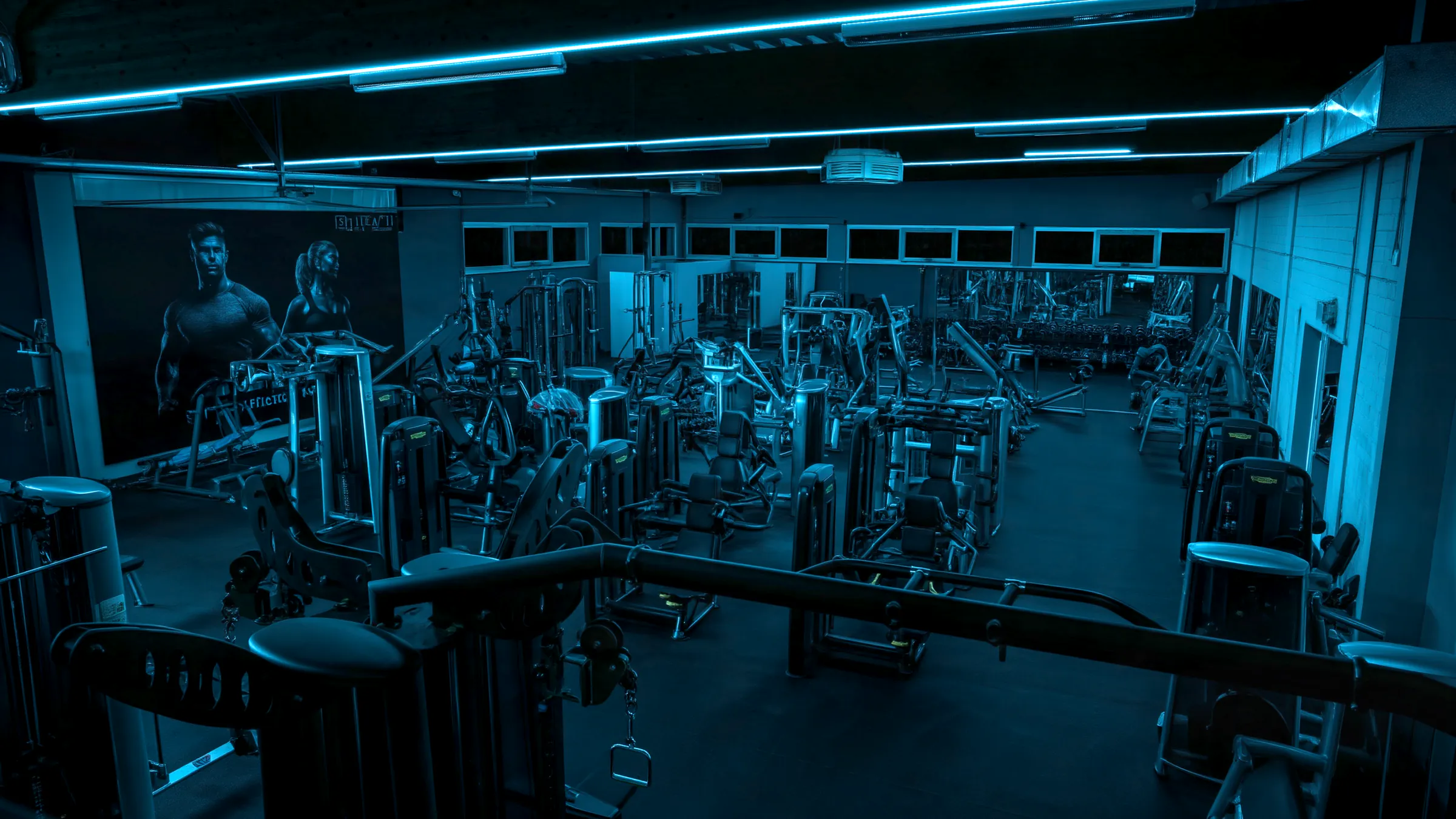 Blick über die Gerätehalle von Ruhl Fit 24 bei Nacht